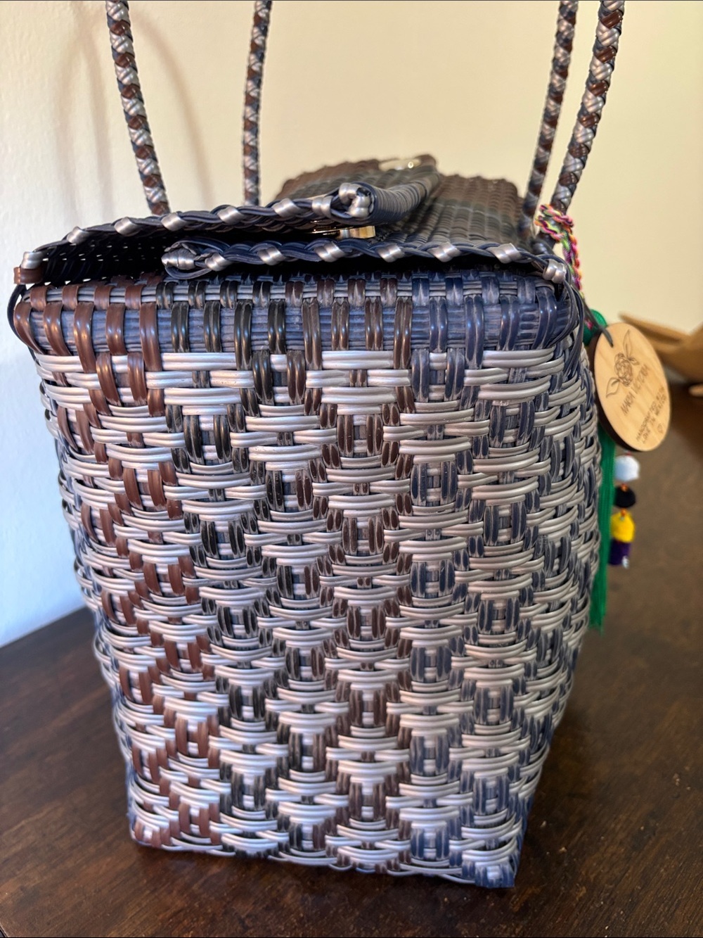 Handwoven Gray and Brown Tote with Green Tassel Charm - Picture 8 of 8
